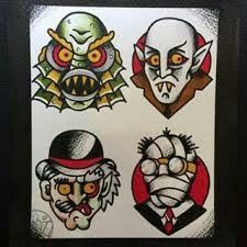 four different types of tattoos on a white paper with black border around the edges and bottom corner