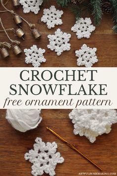 the words crochet snowflake over several handmade white crocheted snowflakes Crochet Ornaments Free Pattern, Free Crochet Snowflake Patterns, Crochet Christmas Ornaments Free Pattern, Crochet Christmas Ornaments Free, Crochet Snowflake, Crochet Ornament Patterns, Simple Snowflake, Crochet Snowflake Pattern, Crochet Christmas Gifts