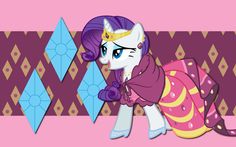 a pinkie pony with purple hair wearing a dress and gold tiara, standing in front of a wall