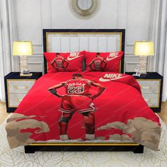 a bed with a basketball player on it