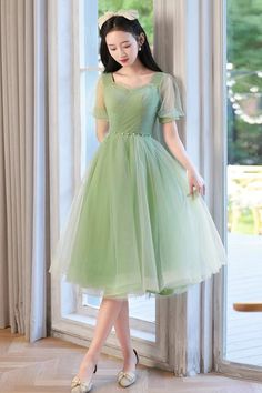 Green Tulle Short Sleeves Prom Dresses with Belt, Short Green Formal Graduation Evening Dresses, Green Homecoming Dresses WT1360 Green Short Formal Dress, Evening Dresses Green, Dream Daughter, Prom Dress Green, Knee Length Prom Dress, Short Sleeve Prom Dresses, Frock Models, Short Frocks, Short Formal Dress