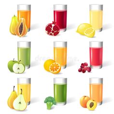 various types of juices and fruits on a white background