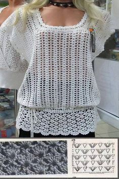 the back of a woman's white top with crochet