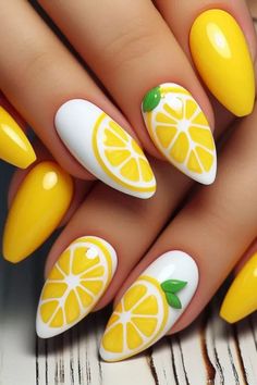 Yellow nails with white tips, mimic lemon wedges, adding a zesty touch.  Image Credit: @ukbeautyroom Fruit Themed Nails, Cute Summer Nails 2024, Fruit Nails Design, Cheese Nails, Lemon Nail Designs, Lemon Nails Designs, Fruit Nail Ideas, Citrus Nails, Summertime Nails