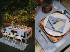 the table is set and ready to be served for an outdoor dinner or wedding reception