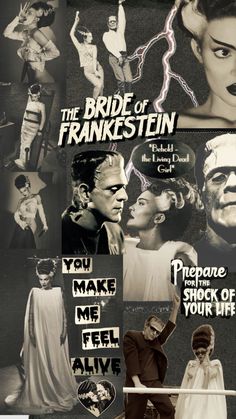 a collage of photos with the words bride of frankenstein written on them and pictures of women in costumes