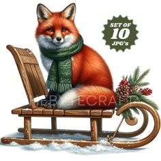 a red fox sitting on top of a sleigh with a green scarf around it's neck