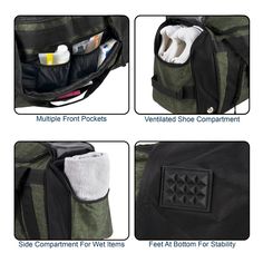 the contents of a duffel bag are shown in three different pictures, including one with an open pocket