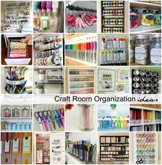 a collage of craft room organization items