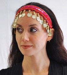 Headband - Red with Gold Coins by Belly Dance Costuming on Bellydance.com Adjustable Wedding Headband Costume Accessory, Adjustable Costume Accessories For Summer Festival, Festive Adjustable Crown Headband, Festive Adjustable Crown-shaped Headband, Adjustable Crown Headpiece For Festivals, Adjustable Crown Headpieces For Festival, Festive Red Headband, Adjustable Gold Costume Accessories For Festivals, Adjustable Gold Hair Accessories For Festivals