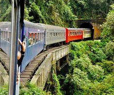 a man hanging off the side of a train as it goes over a bridge