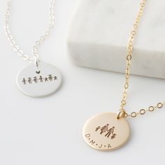 "Personalized Family Jewelry, Stick Figure Family Necklace, Custom Necklace, Mother's Day Gift, Grandma, Mom, Family Necklace Gift for Her Personalize this beautiful disc with your very own family! Offered in quality 14k gold fill, sterling silver, and rose gold fill, a beautiful piece your wife, mom, grandma, best friend, any special woman in your life will enjoy and wear close to their heart. HOW - TO - ORDER 1. Select your options from the drop down menu see photo for font styles and symbol o Hand Stamped Round Pendant Jewelry For Father's Day, Hand Stamped Round Pendant For Father's Day, Stick Figure Family, Jewellery Photography Inspiration, Family Jewelry, Gold Chain Design, Family Necklace, Family Jewellery