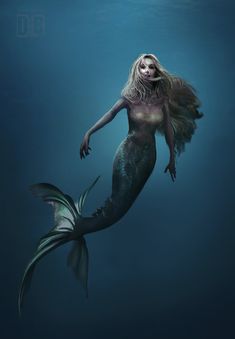 a mermaid with long hair is swimming in the water and looking like she's floating