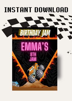 birthday card with monster truck and checkered background