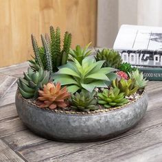 a potted plant sits on top of a table next to a book and magazines