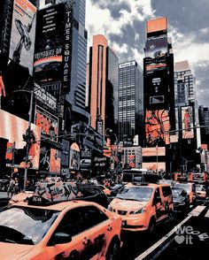 a city street filled with lots of traffic and tall buildings covered in billboards under a cloudy blue sky