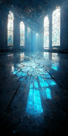 the sun shines through stained glass windows in an abandoned building with cracked concrete flooring