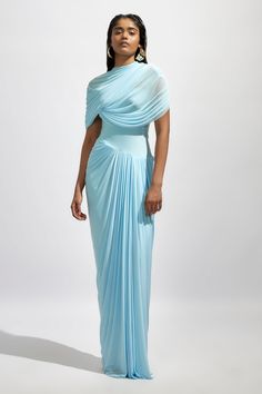 Shop for these amazing collections of Blue Net Solid High Neck Draped And Pleated Maxi Dress For Women by Deme by Gabriella online at Aza Fashions. Baby Blue Maxi Dress, Pleated Drapes, Blue Maxi Dress, Draped Top, Lingerie Outfits, Blue Maxi, Pleated Maxi Dress, Outfit Look, Dresses By Length