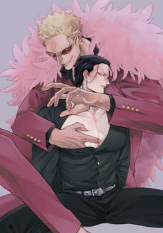 two anime characters hugging each other with pink feathers on their shoulders and one holding his arm around the other's neck