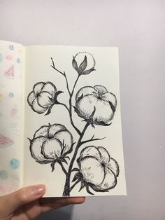 a hand holding an open book with flowers on it