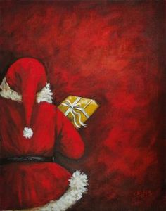 a painting of santa claus holding a present