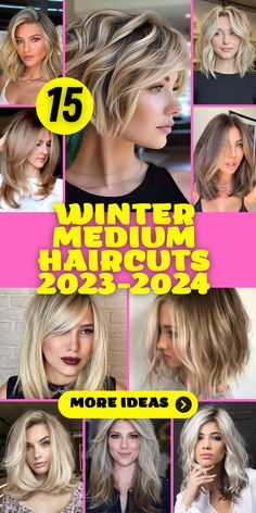 15 Winter Medium Haircuts for 2023-2024 - thepinkgoose.com Bangs Wavy Hair, Medium Haircuts, Medium Length Hair With Layers, Round Face Haircuts, Trending Haircuts, Haircuts With Bangs, Winter Hairstyles