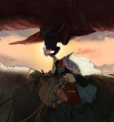 an image of a man riding on the back of a giant dragon