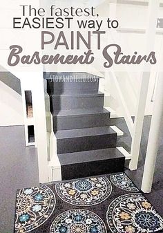 the stairs are painted black and white with an ornate design on it, as well as text overlay that reads the fastest, easier way to paint basement stairs