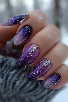 Purple And Silver Glitter Nails, Dark Purple Sparkly Nails, Dark Purple Glitter Nails, Night Nails, Purple Glitter Nails, Pastel Nails Designs