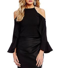 Belle Badgley Mischka Ruffle Sleeve Cold Shoulder Susanna Top Formal Dresses For Women, Dressy Tops, Badgley Mischka, Dillard's, Party Fashion, Special Occasion Dresses, Everyday Look, Casual Dresses For Women, Occasion Dresses