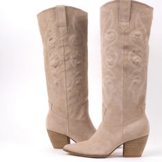 New Faux Suede Cowboy Boots Size 8 Beige Mid-calf Heeled Boots For Fall, Beige Wide Calf Mid-calf Boots For Winter, Casual Faux Leather Knee-high Boots For Fall, Trendy Beige Mid-calf Boots For Winter, Casual Wide Calf Mid-calf Boots For Fall, Beige Wide Calf Knee-high Boots For Winter, Beige Wide Calf Heeled Boots For Winter, Trendy Beige Knee-high Boots For Winter, Winter Beige Mid-calf Boots Medium Width