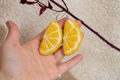 a person holding two orange slices in their hand