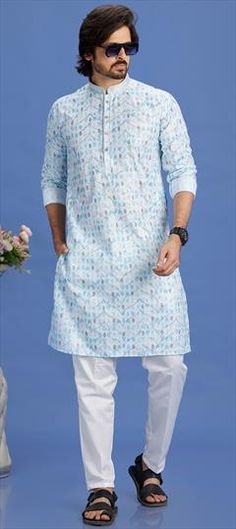 Blue color Kurta Pyjamas in Cotton fabric with Digital Print, Sequence, Thread work Blue Cotton Kurta For Wedding, Light Blue Cotton Kurta For Wedding, Blue Cotton Wedding Kurta, Wedding Kurta, Festive Wedding, Cotton Wedding, Eid Special, Wedding Blue, Thread Work