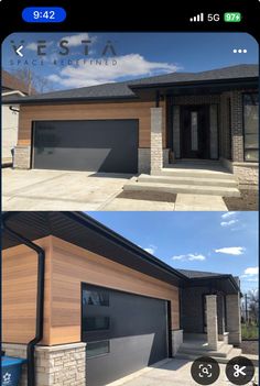 two photos showing the same house and garage