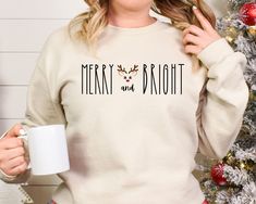 Merry and bright Christmas shirt reindeer sweatshirt Christmas gift for friend gift for coworker. Cute farmhouse Christmas shirt Christmas Party Office, Customizable Crew Neck Christmas T-shirt, Reindeer Cute, Reindeer Christmas Tshirt, Reindeer Shirt Target, Festive Christmas Crew Neck T-shirt, Reindeer Sweatshirt, Reindeer Christmas Tshirt Unisex, Cute Farmhouse