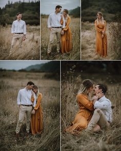 a man and woman are standing in tall grass with their arms around each other as they kiss