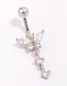 Embellish your look with our selection of genuine titanium belly piercings, designed for everyday wear. This belly bar is crafted from durable titanium and encrusted with cubic zirconia crystals for an eye-catching finish. Material: crystal, Cubic Zirconia, titanium Dimensions: Total Length 32mm x Post Length 10mm x Width 3mm Gauge: 14G / 1.6mm | Lovisa Titanium Cubic Zirconia Butterfly Drop Belly Piercing, Size: 14G/1.6, Clear Pretty Piercings, Belly Piercings, Jewellery Ideas, Body Jewellery, Piercing Jewelry