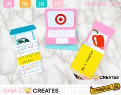 three different types of school supplies on a marble surface with the words, create and use