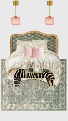 a bed with two lamps above it and a zebra rug on the floor next to it