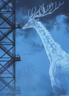 a large white dragon standing next to a tall tower