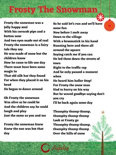 the poem frosty the snowman is written in red and green on a white background