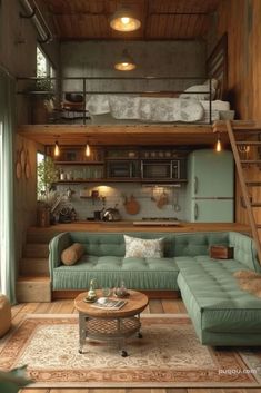 a living room filled with furniture and a loft bed