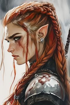 Vylkaen Aeloss stands in a simple shirt with the sleeves rolled up, revealing powerful forearms covered in scars and burns. She is tall, with big muscles and broad shoulders. Red hair is braided into battle braids like the northerners, and there are small silver rings and earrings in short half-elven ears. She has a war hammer hanging from her belt. A frowning face with sad eyes is covered with sc... Elven Warrior Female, Phoenix Warrior, Middle Aged Woman, Elf Characters, Female Elf, Dungeons And Dragons Game, Female Character Concept, Dungeons And Dragons Characters, Dragon Slayer