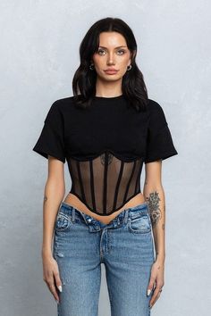 Eboni Mesh Bustier T-shirt - Fason De Viv Night Out Tops, Activewear Fashion, Curve Dresses, Good Stretches, Club Dresses, Short Sleeve Top, Skirt Pants, Outerwear Jackets, French Terry