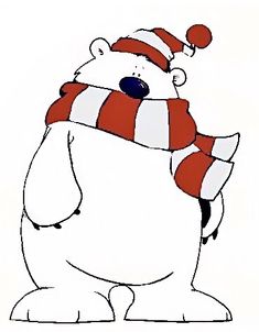 a polar bear wearing a red and white striped scarf with a santa hat on it's head