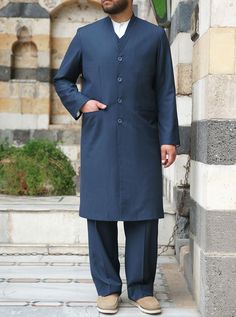 V-cut neck opening 4 button opening Inside breast pocket 2 front welt pockets Fully lined Item Code: mC6201 Model is 184cm (6 feet) and wearing size L Modern Skirt, Traditional Outfit, Muslim Dress, Loose Trousers, Islamic Clothing, Suit Up, How To Make Clothes, 3 Piece Suits, Men's Suits