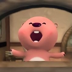 an animated pink bear standing in front of a mirror with its mouth open and tongue out