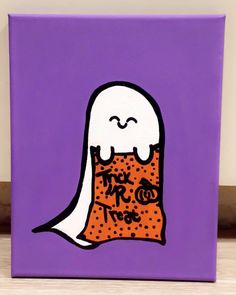 a painting of a ghost with orange and white dots on it's face, sitting on a purple background