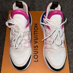 Purchased These A While Ago Always Fitted My Foot Too Tight Size 38.5 I Usually Wear A Size 8 They Fit They Are Just Tight My Feet Is Wide I Don’t Have The Original Box But I Do Have A Lv Box I Can Ship The Shoes In , I Only Have 1 Of The Original Dust Bags Louis Vuitton Sneakers, Louis Vuitton Pink, Louis Vuitton Shoes, Authentic Louis Vuitton, Womens Shoes Sneakers, Dust Bag, Shoes Sneakers, Tights, Louis Vuitton