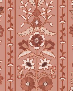 an ornate pattern with flowers and leaves on a pink background, in the style of art nouveauism